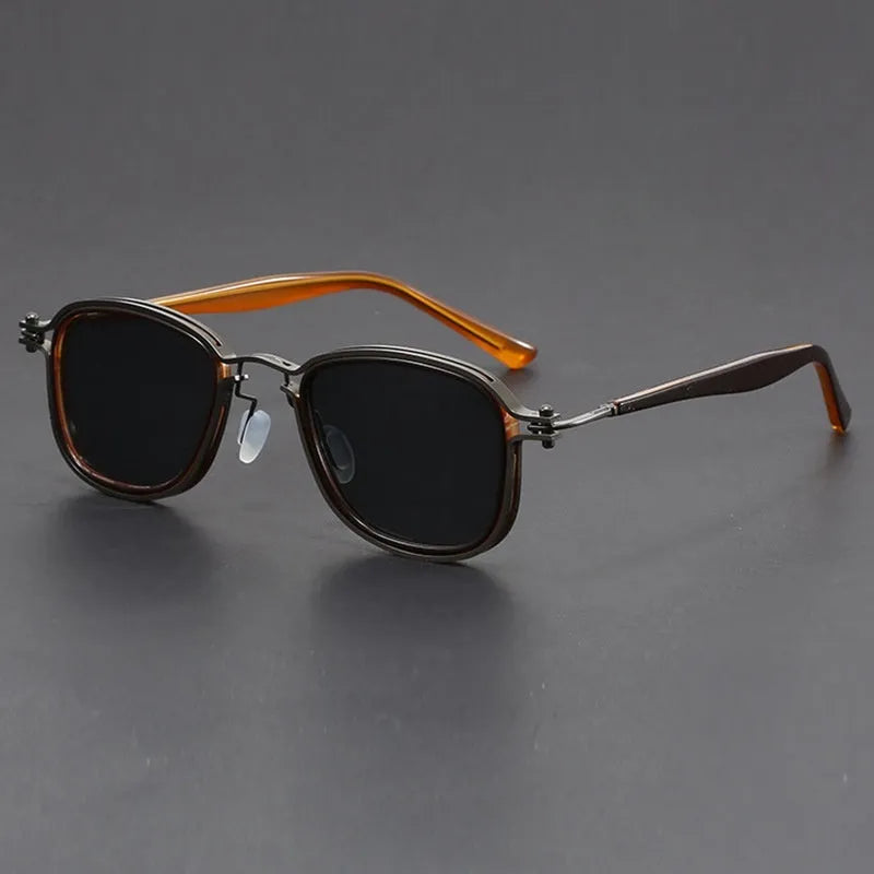 Retro square frame metal sunglasses with AC lens, shown in a colour option like black gold full grey.