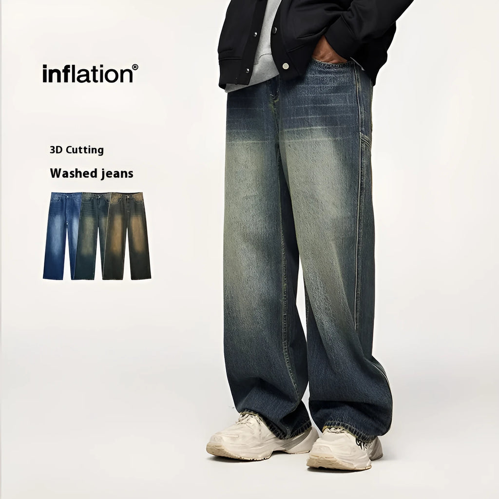 Men's wide leg jeans in washed denim with straight leg cut and mid waist design
