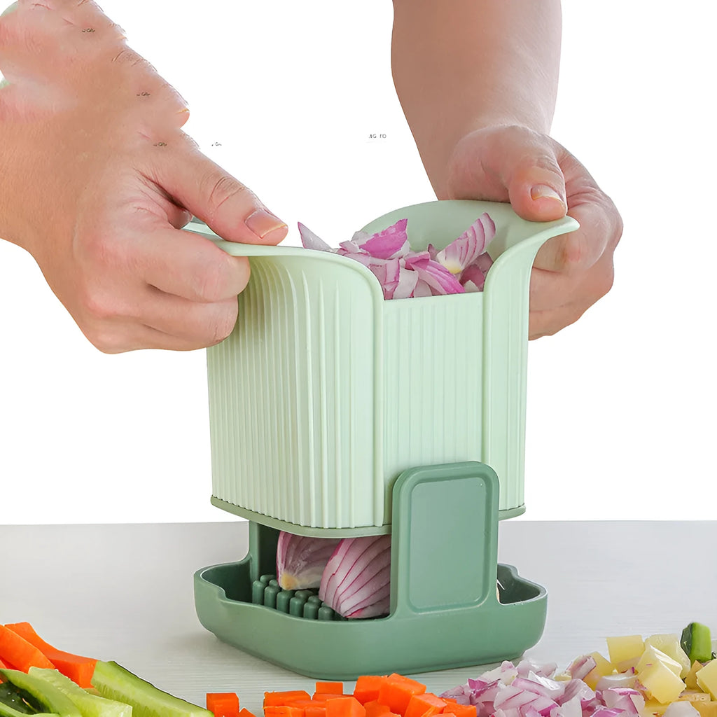 Green multi-functional vegetable chopper with stainless steel blades for French fries and onion dicing