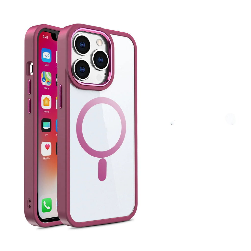 A transparent magnetic silicone phone case for iPhone on a table, shown in a solid colour option.