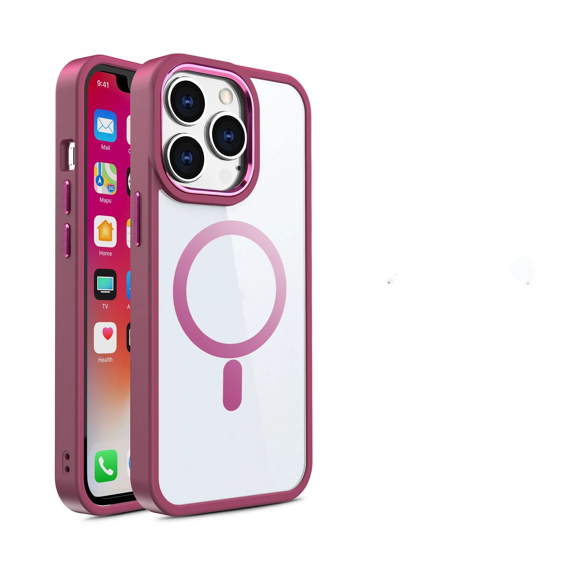 A transparent magnetic silicone phone case for iPhone on a table, shown in a solid colour option.