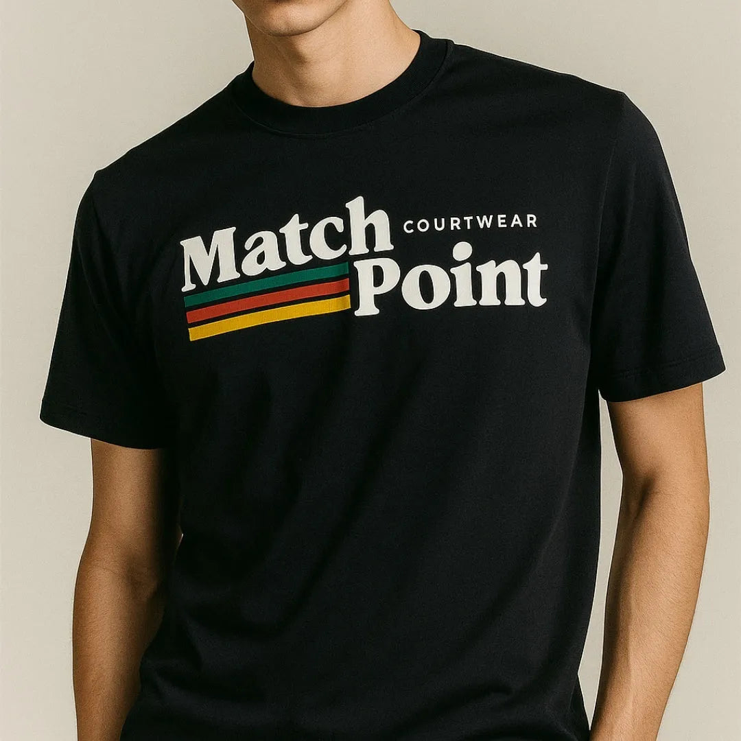 Black men's t-shirt with a white 3D digital printed text pattern on the front.