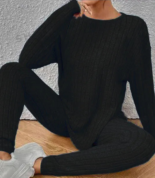 Sunken stripe pattern casual two-piece homewear set in black or blue colour with extended 1XL-5XL sizing