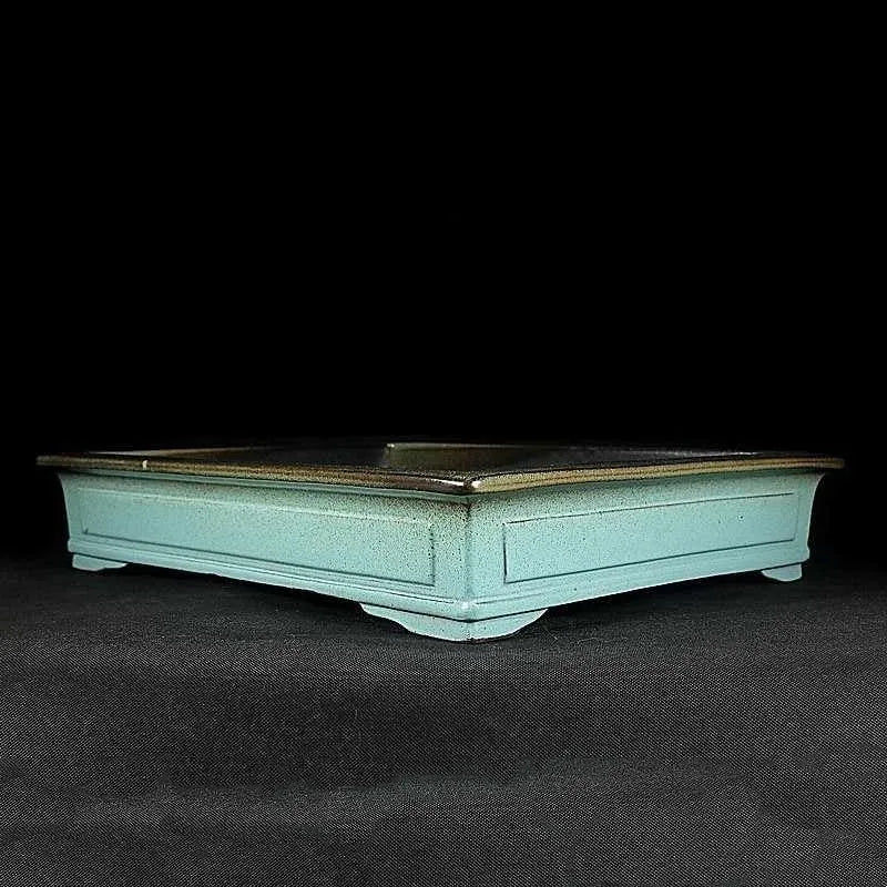 Green retro style ceramic bonsai pot with purple sand crackle glaze finish