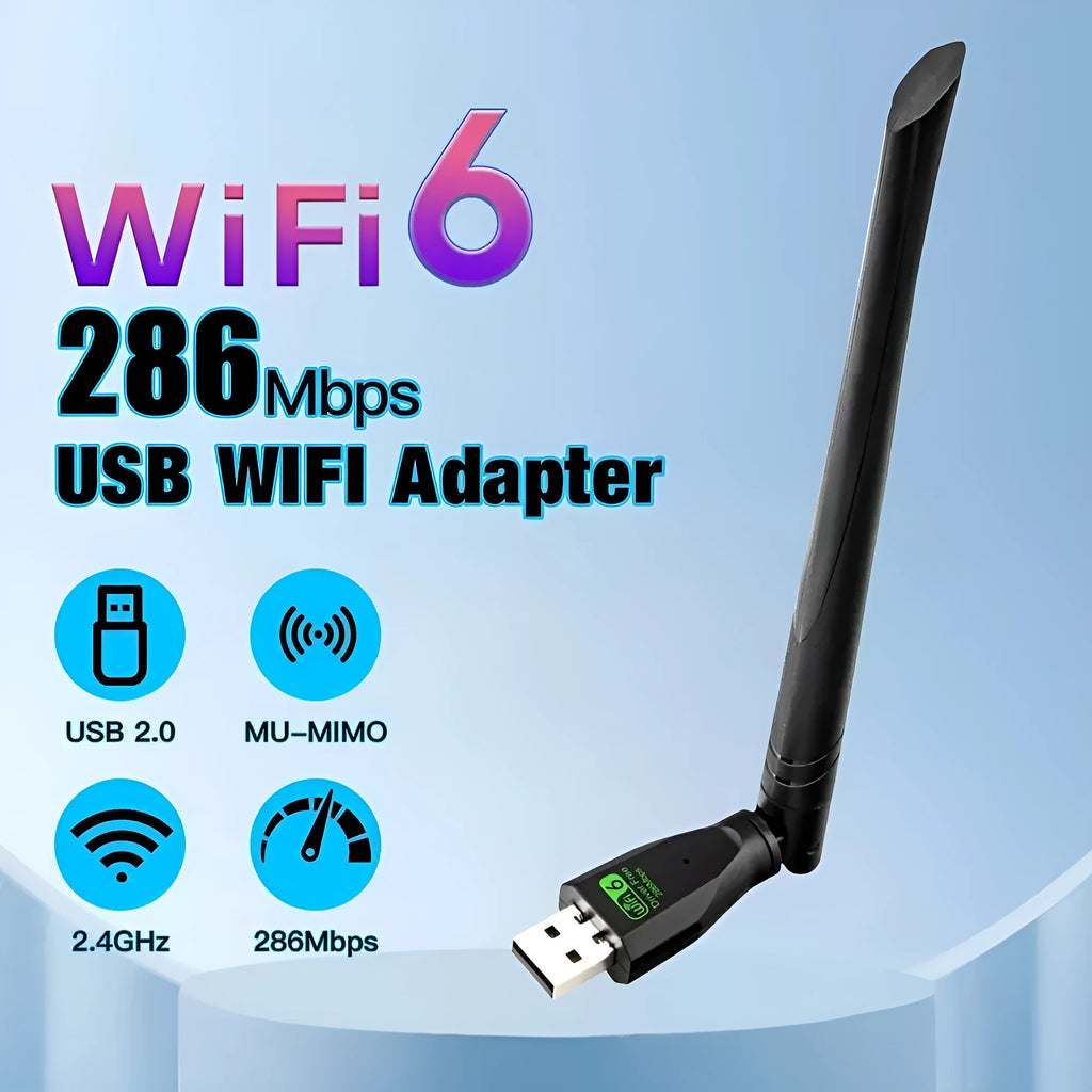Black USB WiFi 6 wireless network adapter for desktop and laptop computers