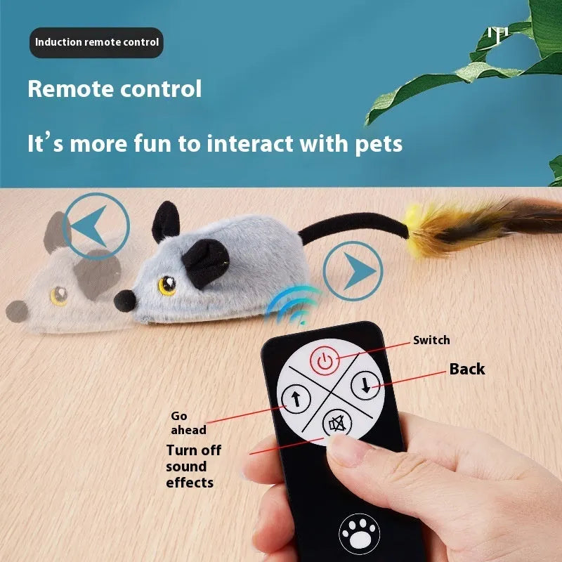 Grey and yellow plush simulation mouse cat toys with remote control on wooden floor