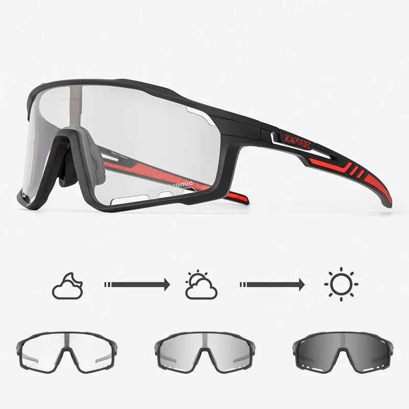 Photochromic cycling sunglasses with a semi-rimless TR90 frame shown in one of fourteen available colours.