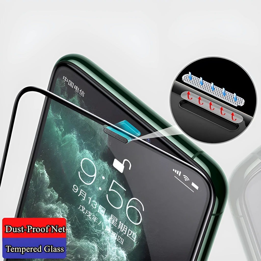 Tempered glass privacy screen protector for iPhone showing anti-peeping and dustproof features.