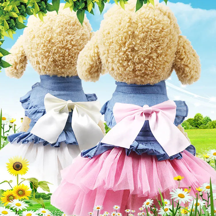 Korean style denim pet skirt with bow decoration for dogs in pink or white