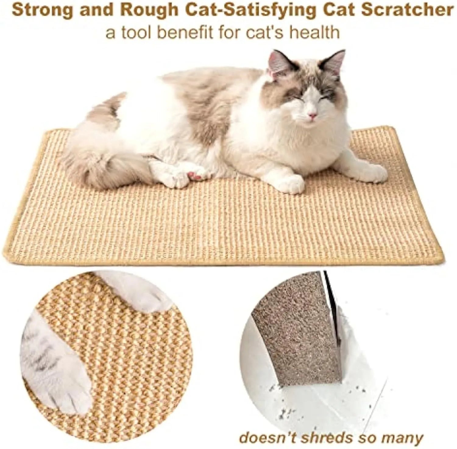 Natural sisal cat scratch pad with adhesive hook loop tape placed on floor, showing textured surface and tape backing