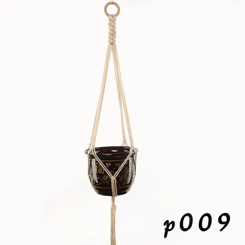 Woven wire plant basket in natural cotton rope, shown as a desktop and hanging planter.