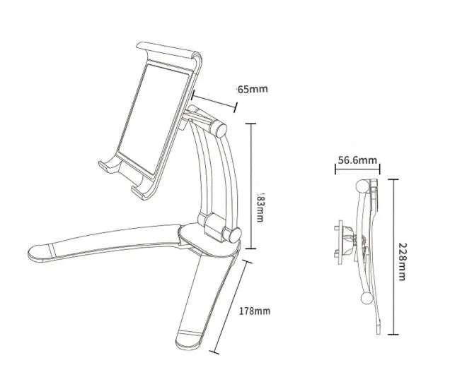 Silver aluminium alloy desktop tablet stand holding a tablet, showing 360-degree adjustable arm and mounting base.