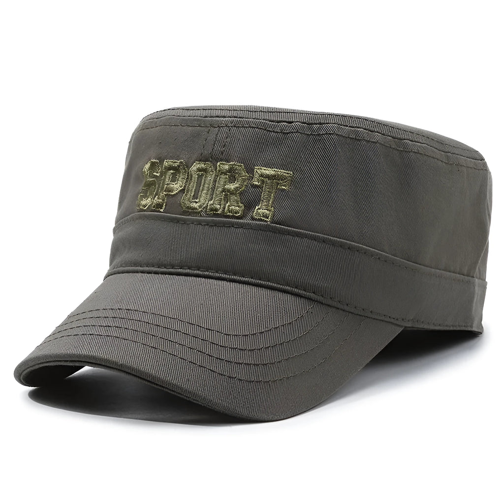 Men's flat-top cotton peaked cap with an adjustable strap in army green colour.