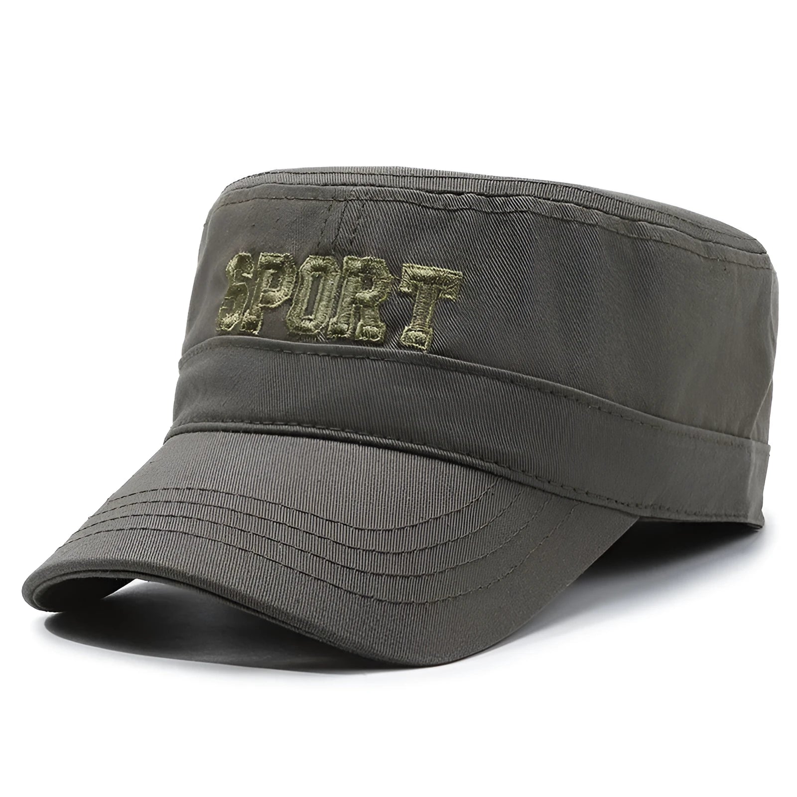 Men's flat-top cotton peaked cap with an adjustable strap in army green colour.