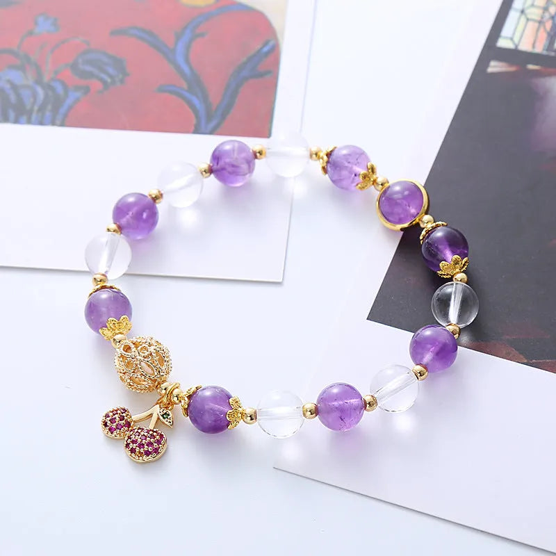 Purple crystal bracelet with micro-inlaid cherry flower design and manual processing
