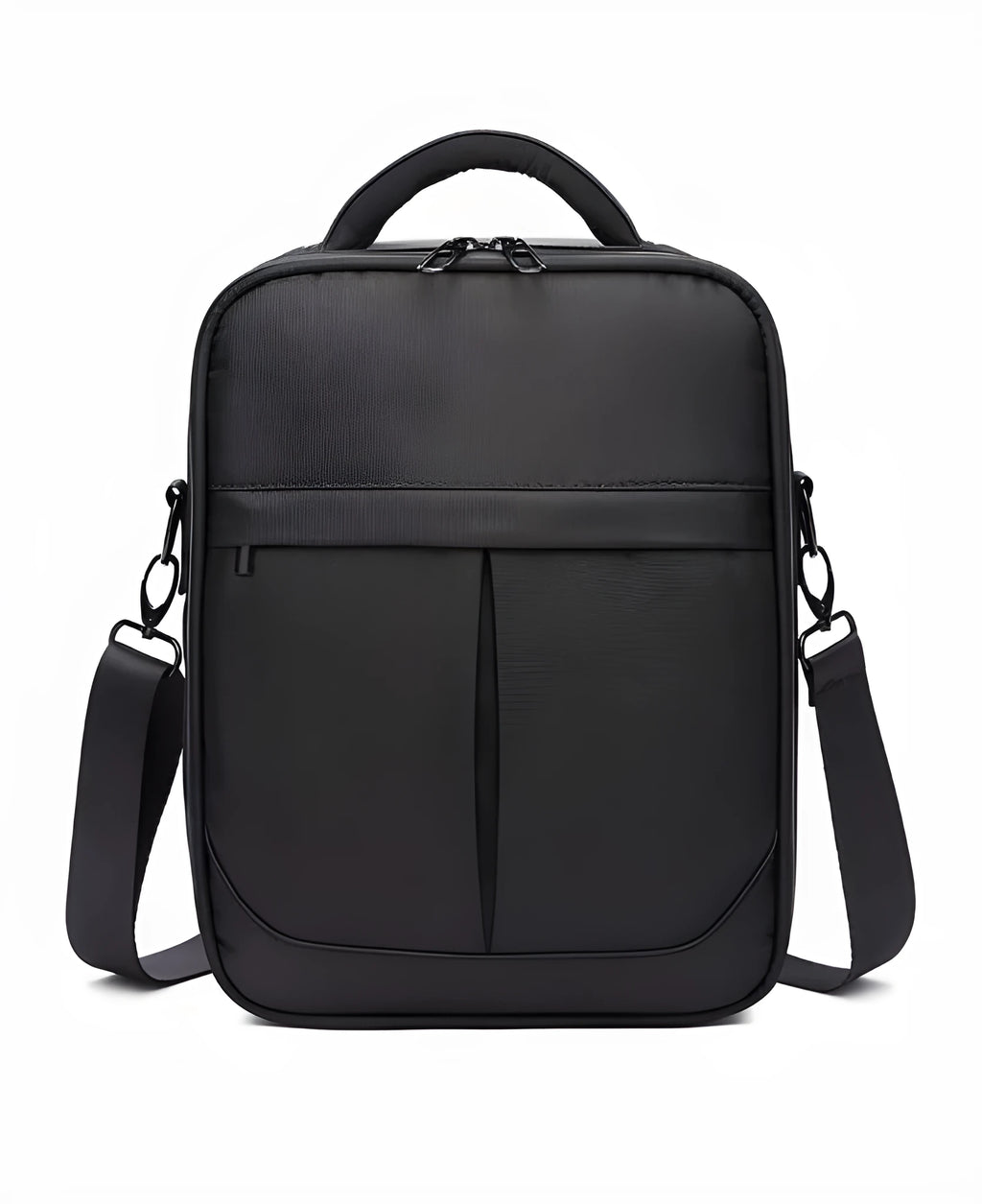 Black Oxford fabric men's messenger bag showing shoulder strap and front panel
