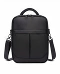 Black Oxford fabric men's messenger bag showing shoulder strap and front panel
