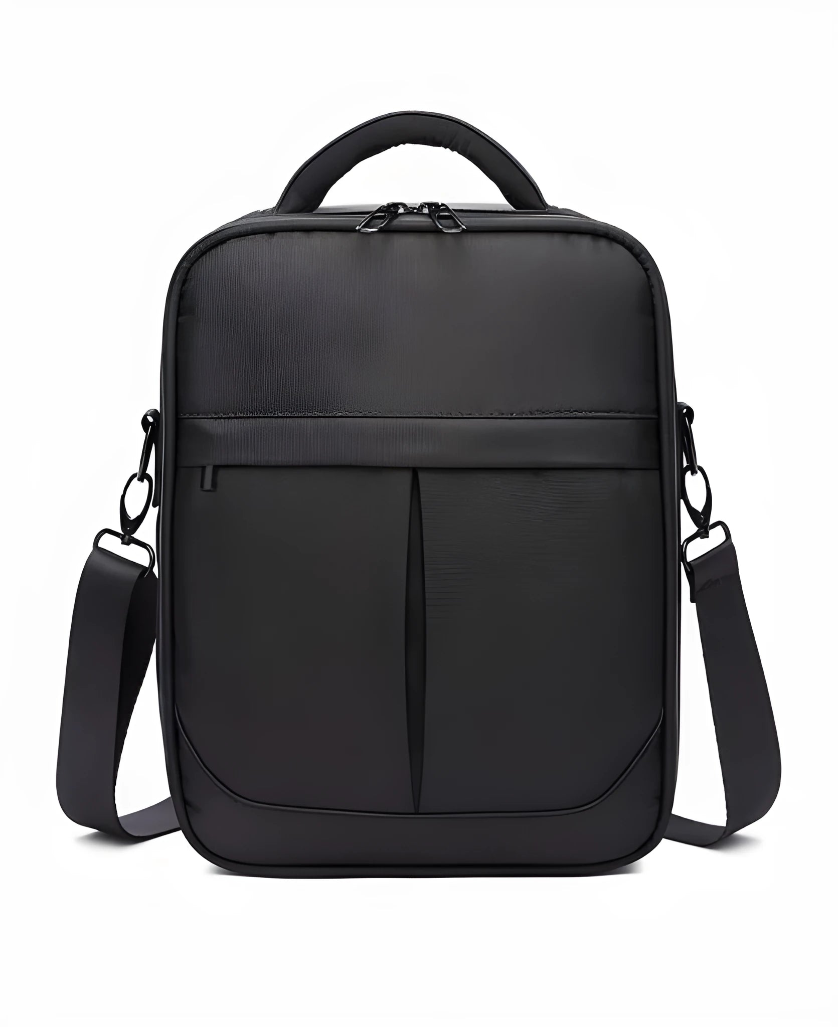 Black Oxford fabric men's messenger bag showing shoulder strap and front panel