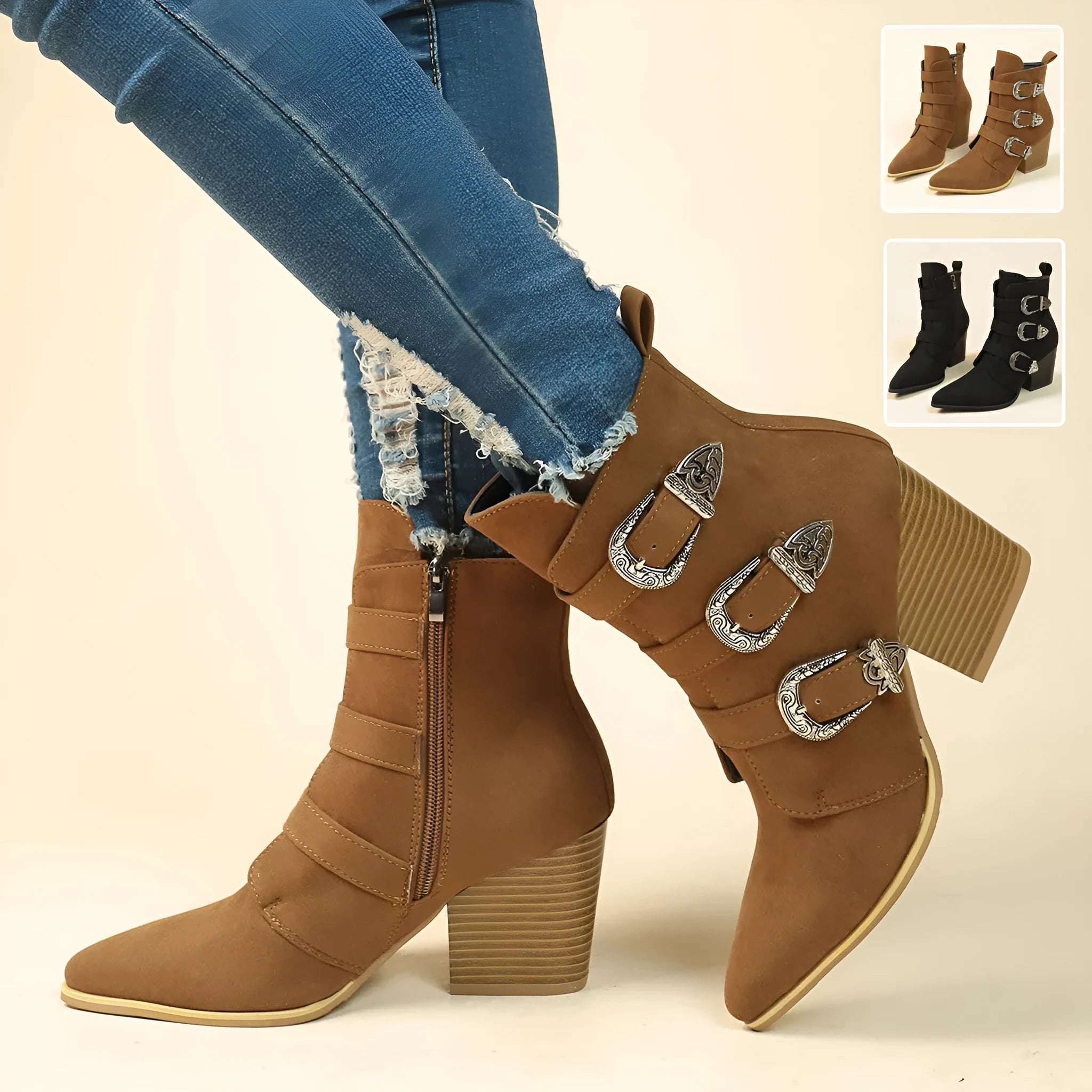 Chunky heel pointed toe retro mid-calf boots with belt buckle design for women, black colour, side view