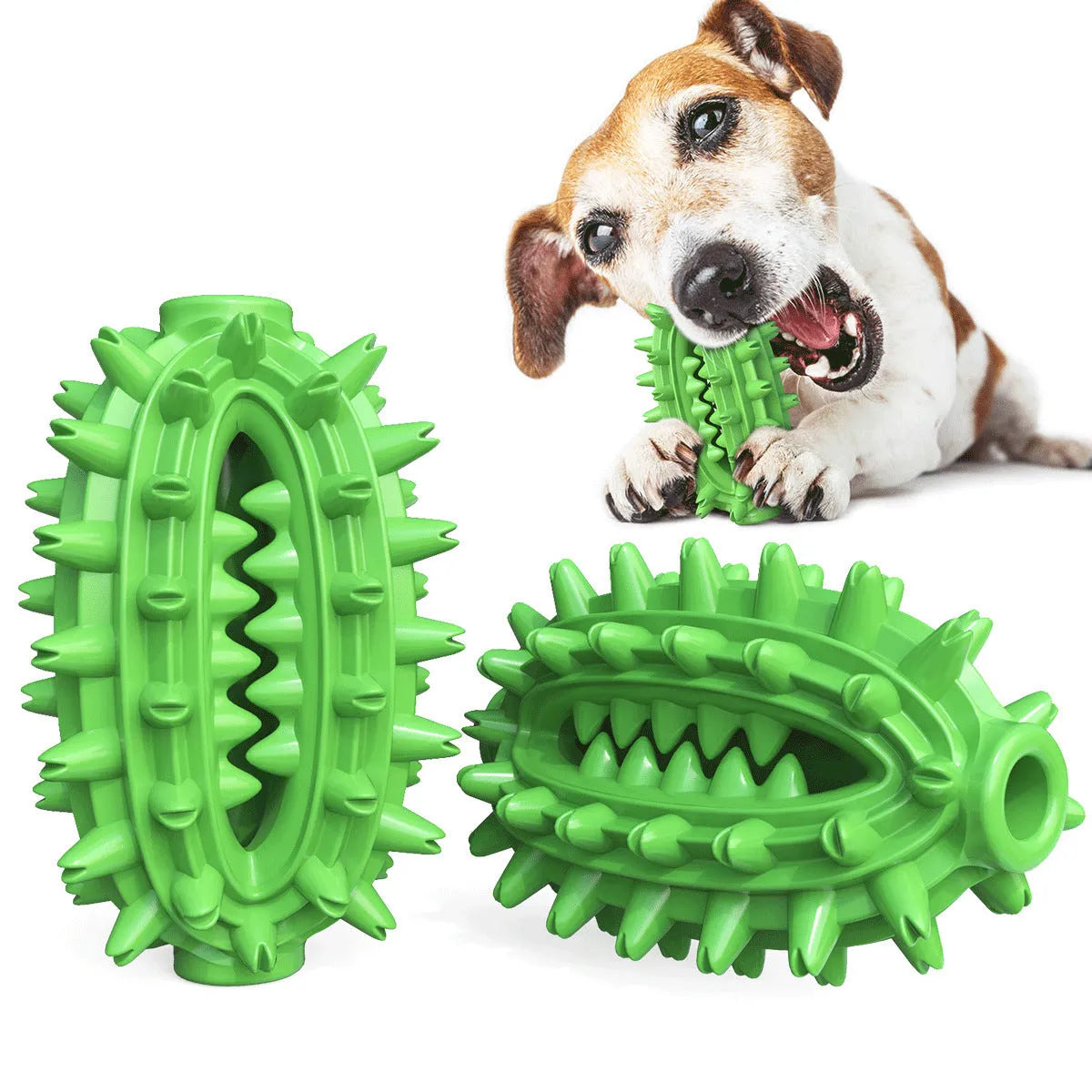 Green cactus-shaped dog toothbrush toy for aggressive chewing and dental care