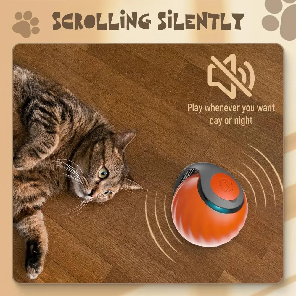 Interactive rolling ball pet toy in blue and red options showing motion-activated design for cats and dogs