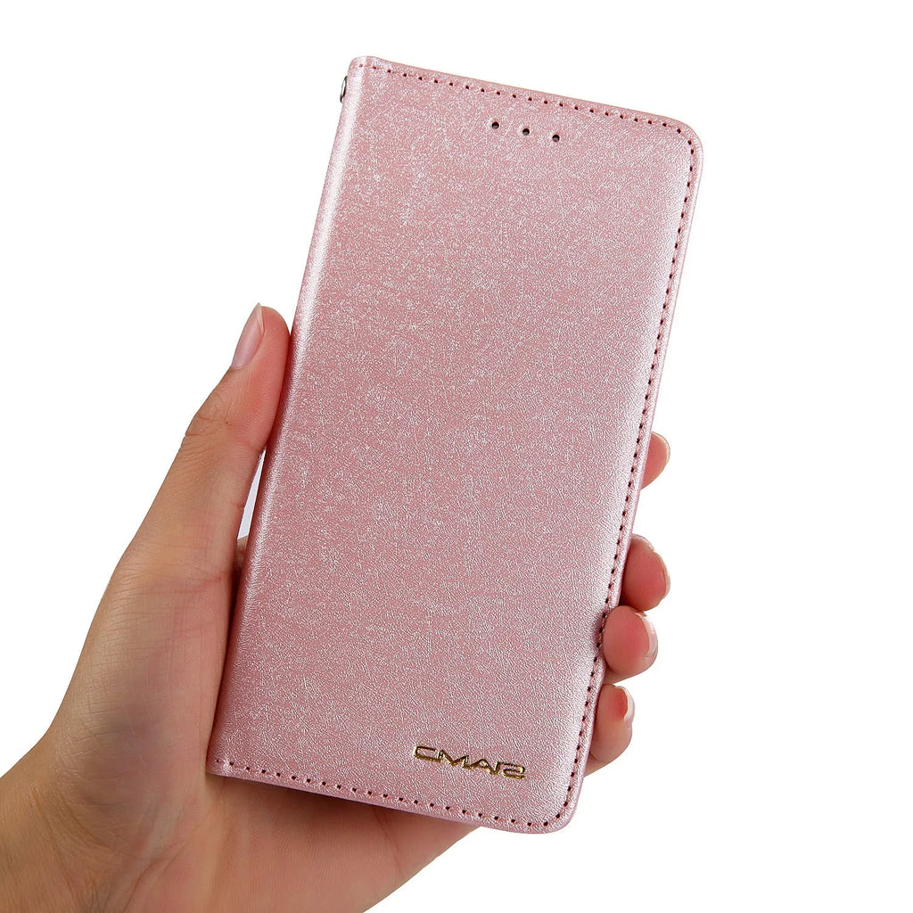 PU leather flip phone case with card slots for iPhone, shown in various colours.