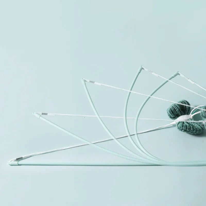 Blue and green cat teaser wands with feather attachments and long bite-resistant poles