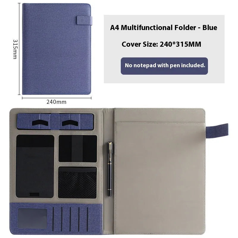 Black leather A4 multifunction folder for documents with optional pen and notepad.