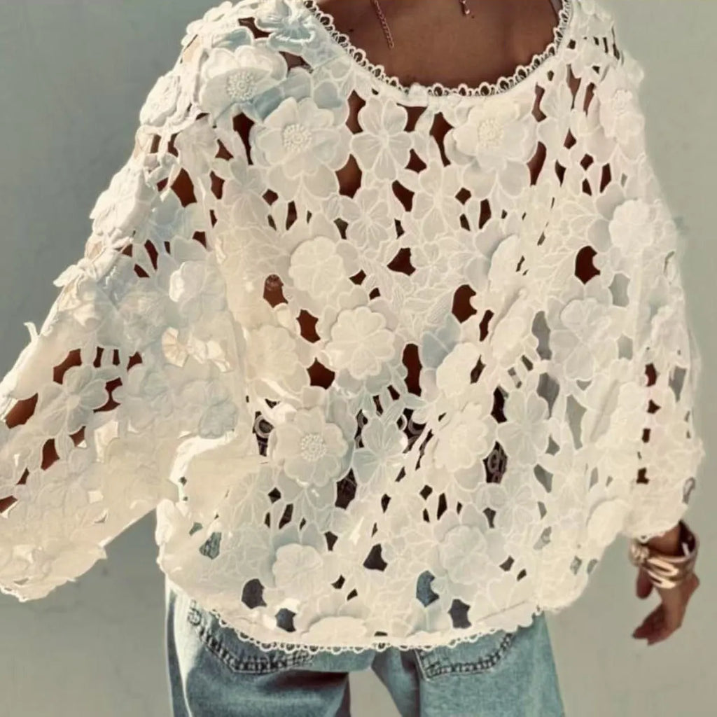 Women's loose fit V-neck lace cardigan with 3D flower decorations and hollow long sleeves in black.