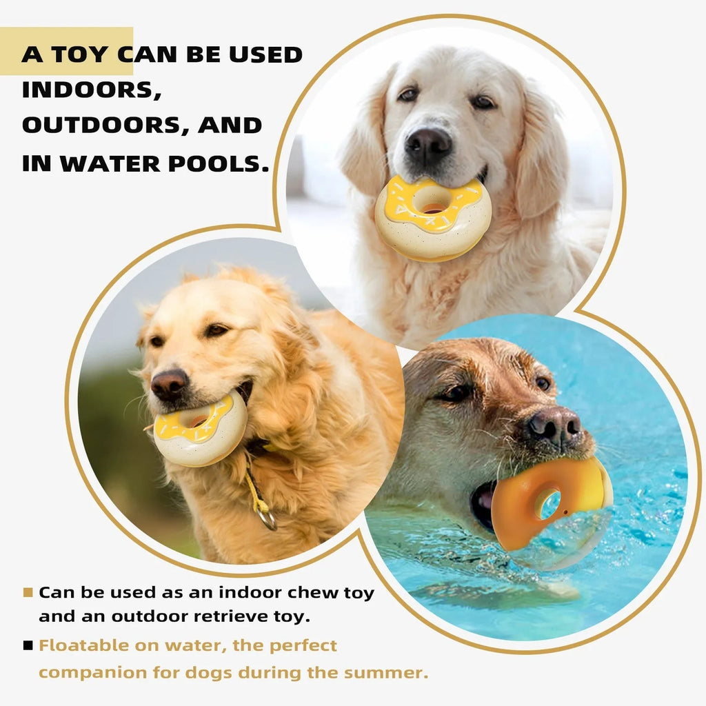 Pink, yellow, and chocolate coloured squeaky donut-shaped dog chew toy for teeth cleaning.