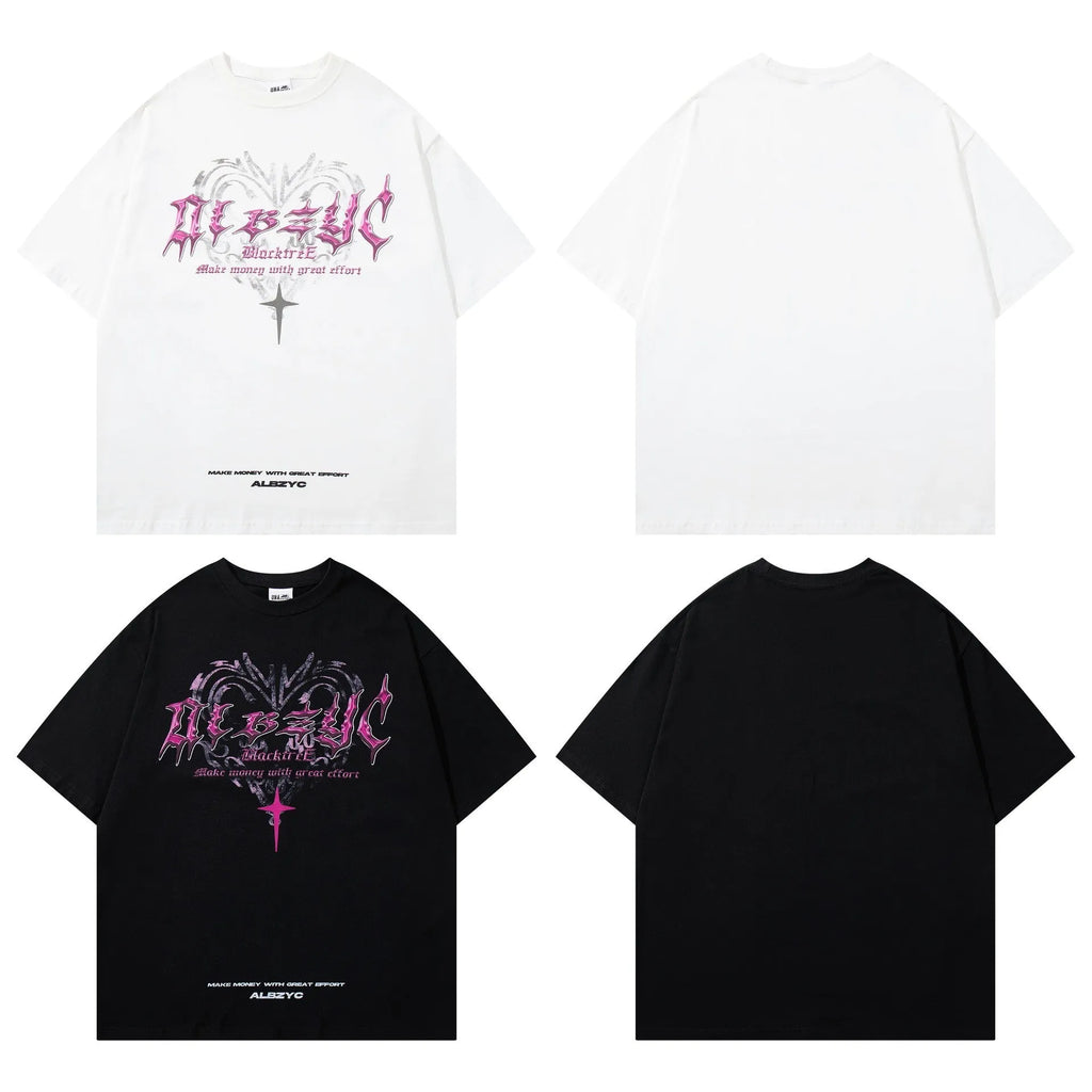 Men's black and white retro printed cotton T-shirt with short sleeves and loose fit