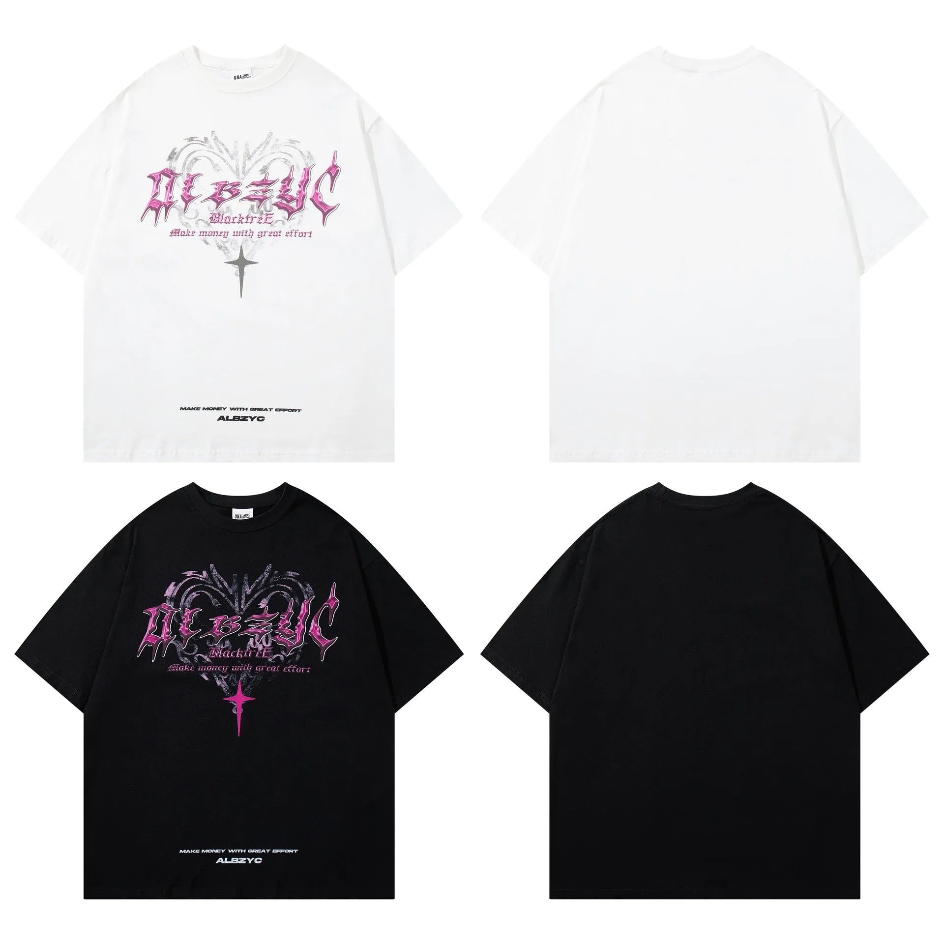 Men's black and white retro printed cotton T-shirt with short sleeves and loose fit