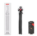 Black aluminium mobile phone tripod set with adjustable legs and phone clip attached