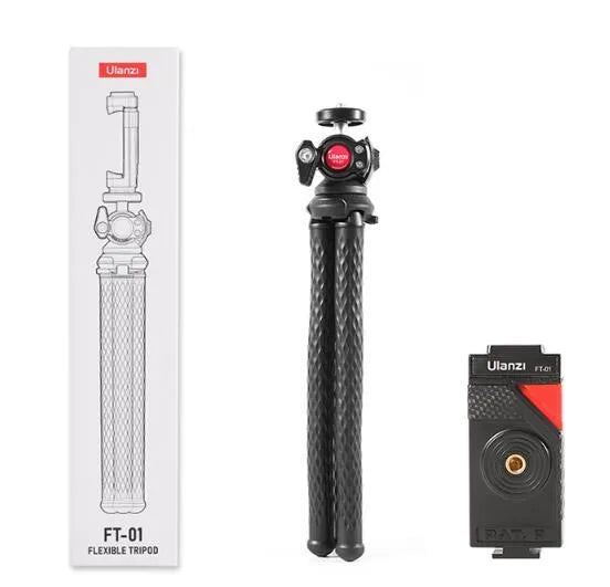 Black aluminium mobile phone tripod set with adjustable legs and phone clip attached