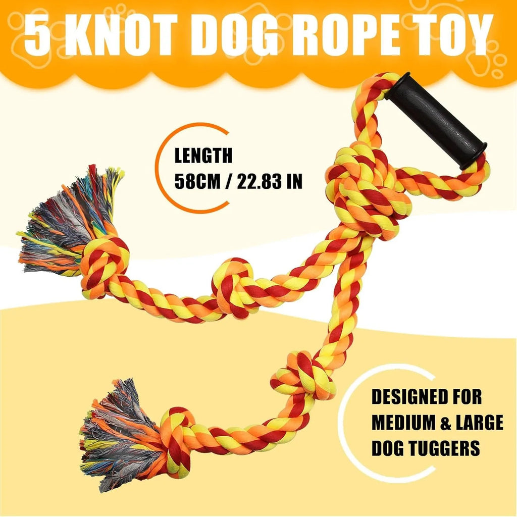 Blue and yellow durable cotton dog rope tug toy with ergonomic handle for large breed aggressive chewers