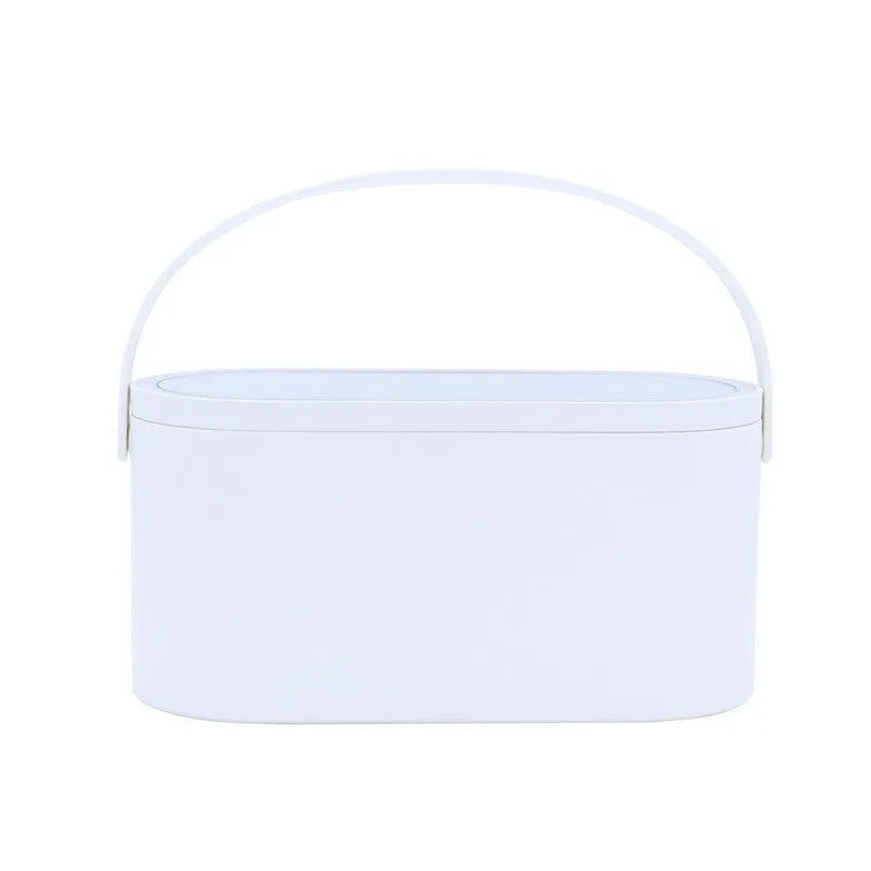 Portable LED light storage box beauty mirror with aluminium reflective surface and storage compartments