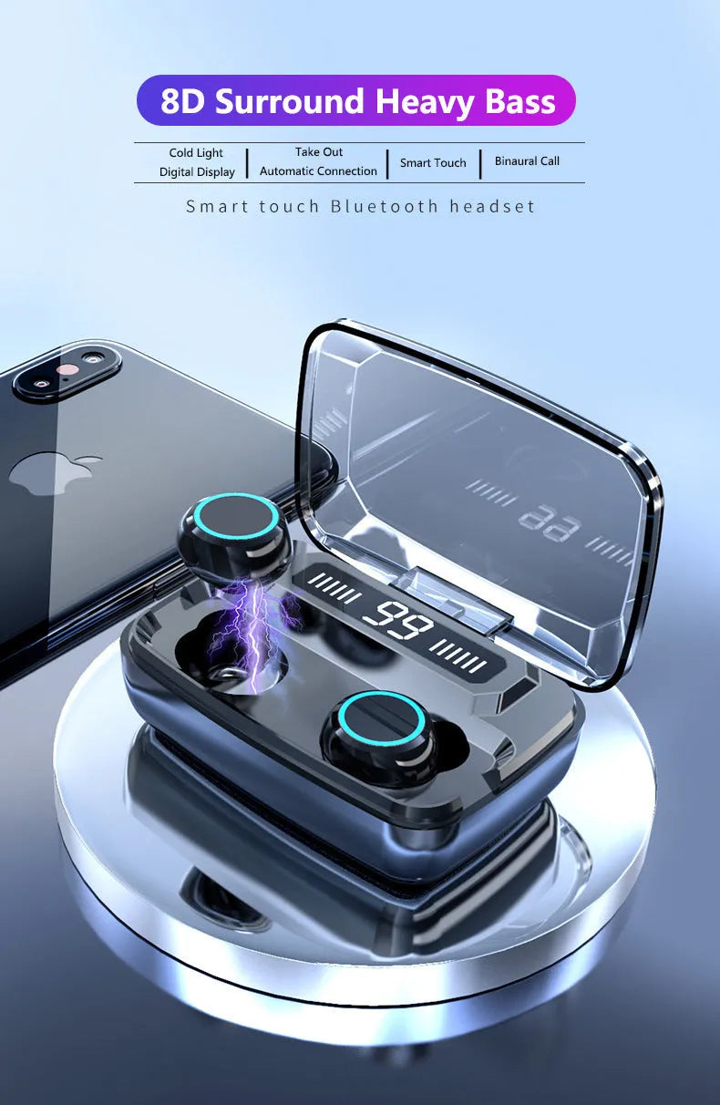 Black wireless Bluetooth headset with charging case showing digital power display and integrated mobile phone holder.