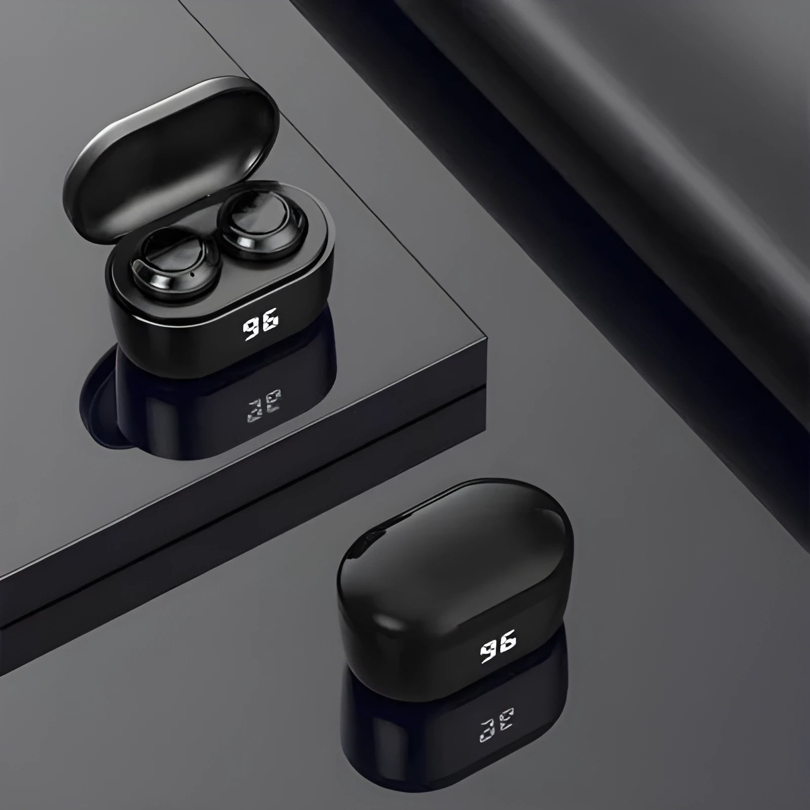 Black stereo Bluetooth headset with bilateral earplug design showing power display.