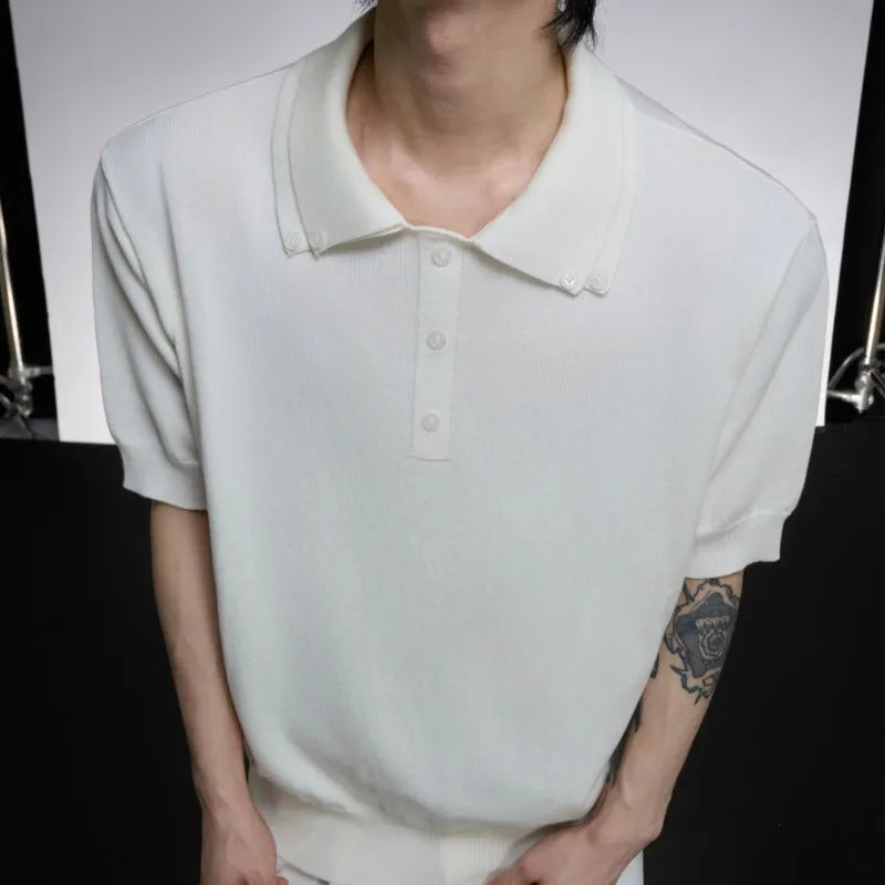 Men's slim knit polyester short sleeve shirt with double collar design in black colour showing fastener decoration detail