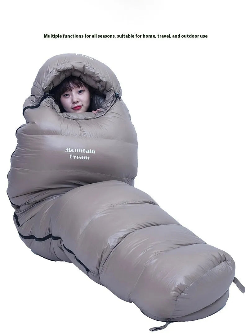 Ultralight mummy-style sleeping bag with down fill, shown in army green colour.