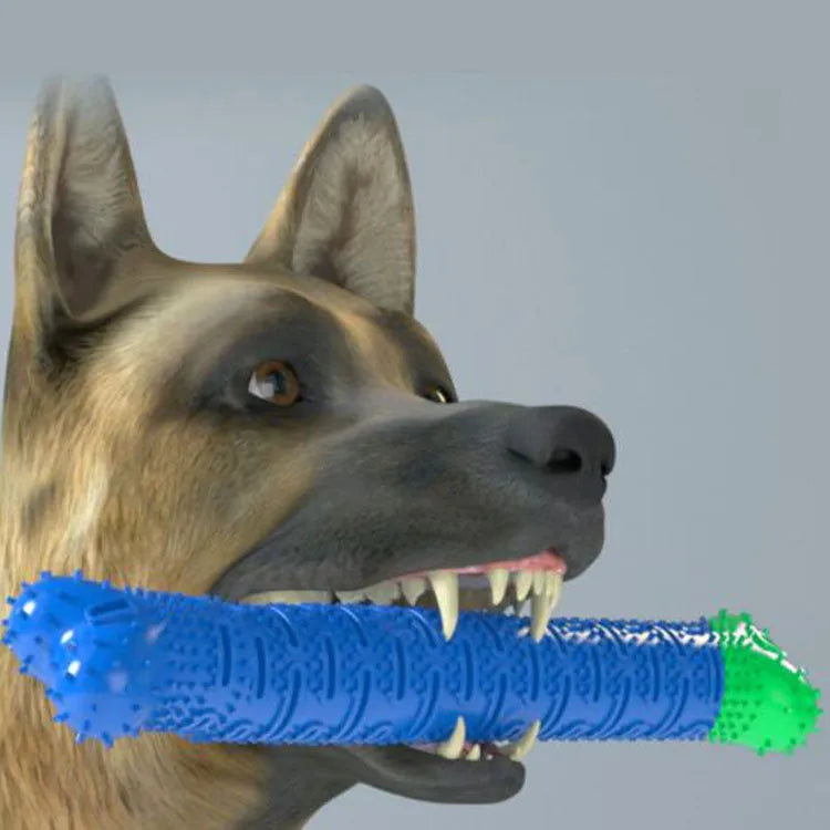 Blue-green silicone dog dental cleaning stick with serrated brush head and food crevice, 25cm long