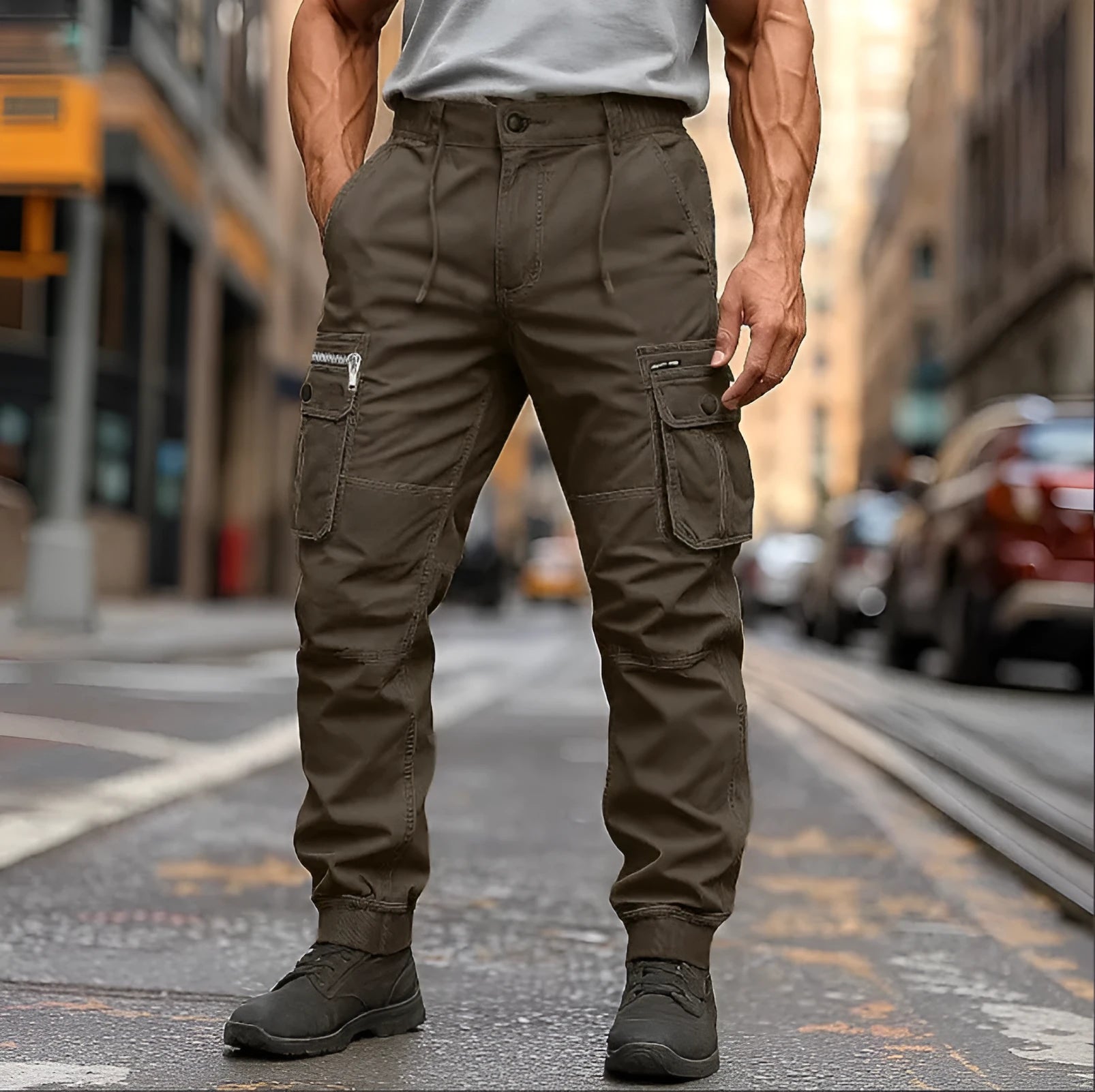 Men's oversized cotton trousers in brown, loose waist with drawstring, tapered leg, sizes 29-40
