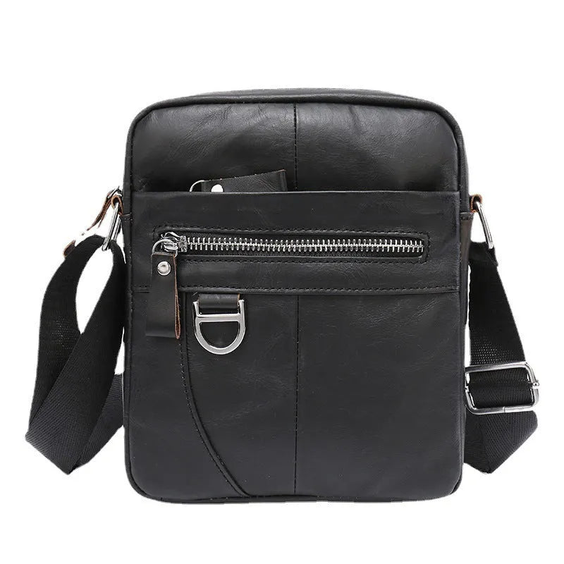 Brown genuine cattle leather messenger bag for boys with sewing line detailing, 8 inch size