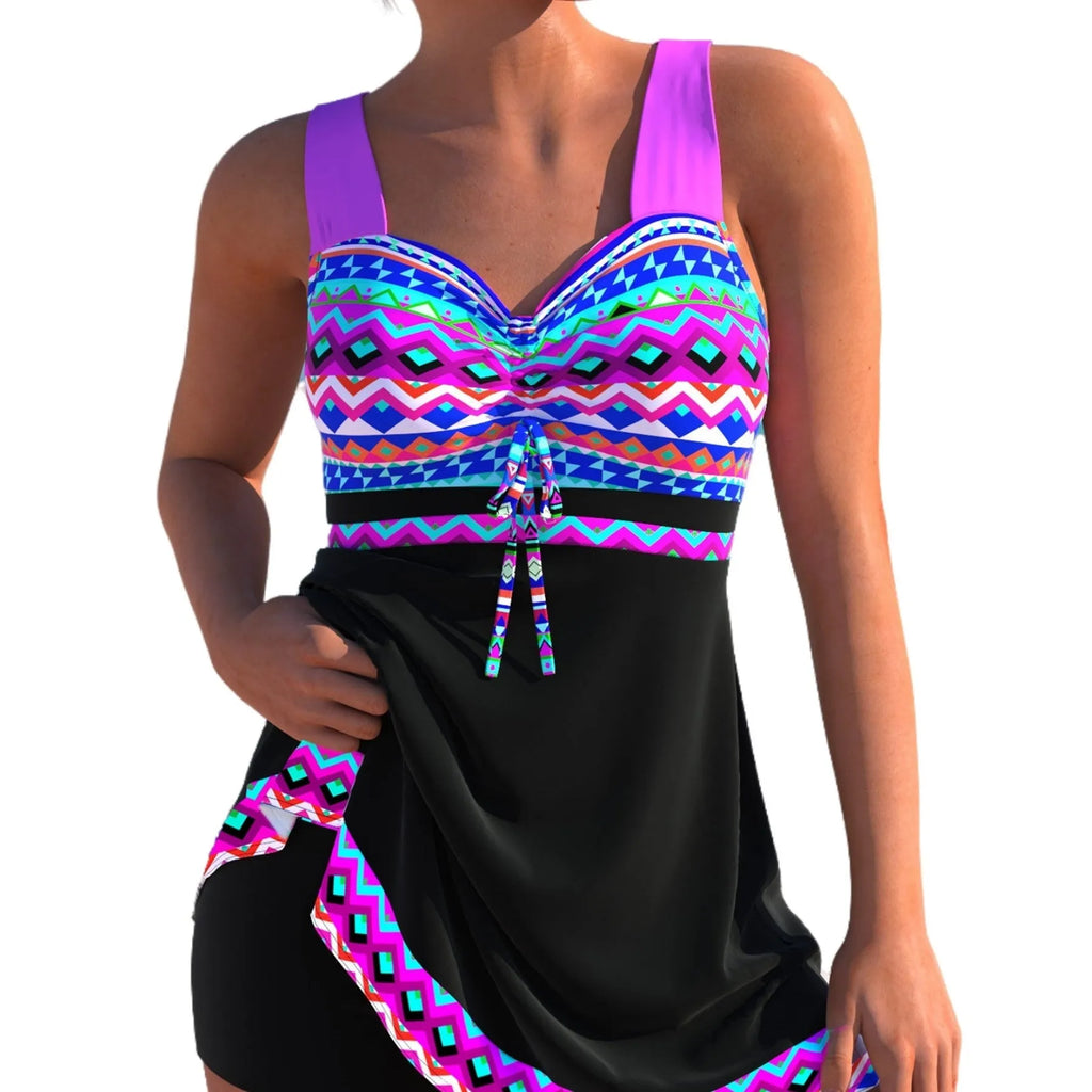 Plus size women's quick-drying polyester swimsuit set in split skirt bikini style with briefs