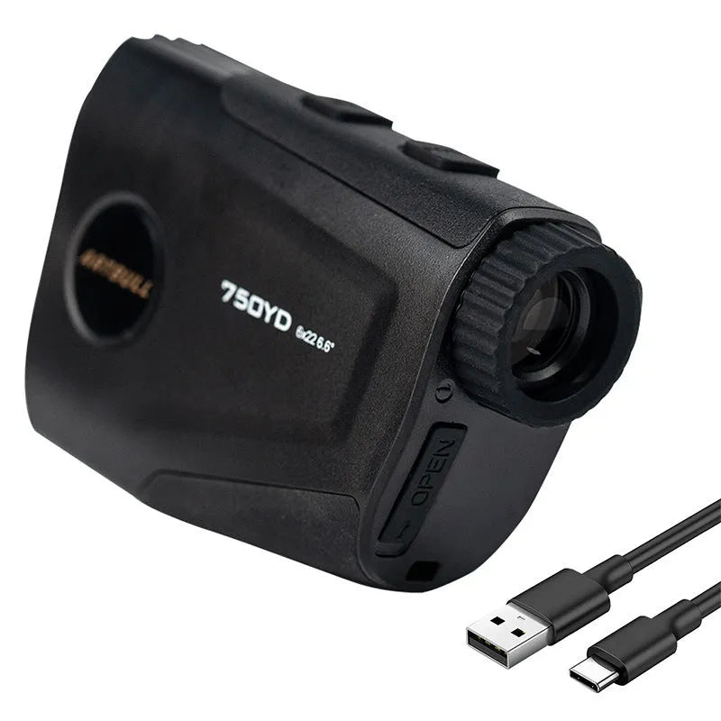 Golf laser rangefinder with LCD display showing distance measurement, featuring slope and flag lock functions.