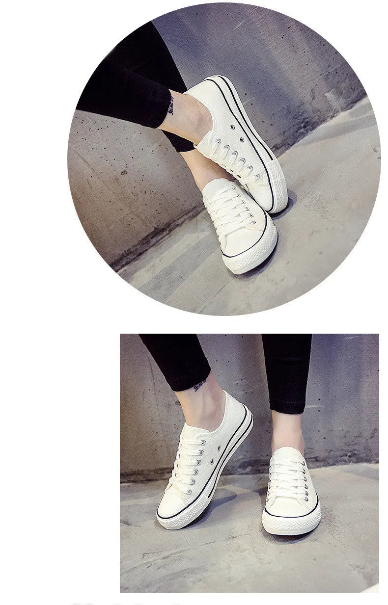 Women's solid colour canvas casual shoes shown in black, white black, white red, and all black.