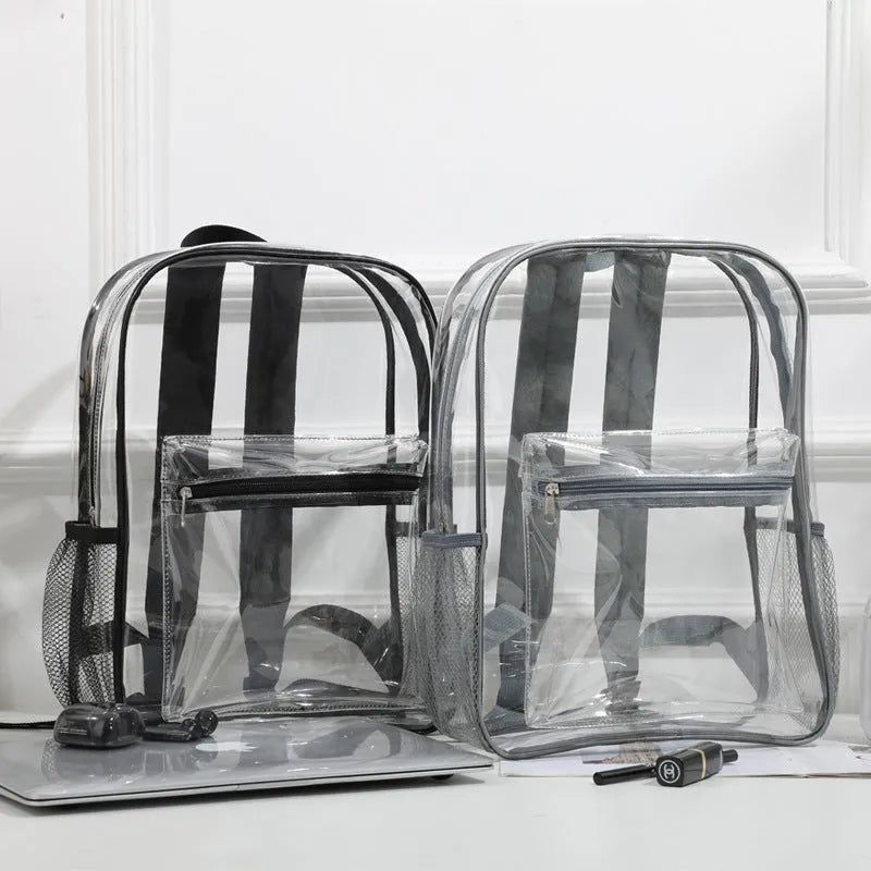 Transparent PVC travel backpack showing visible contents through clear material