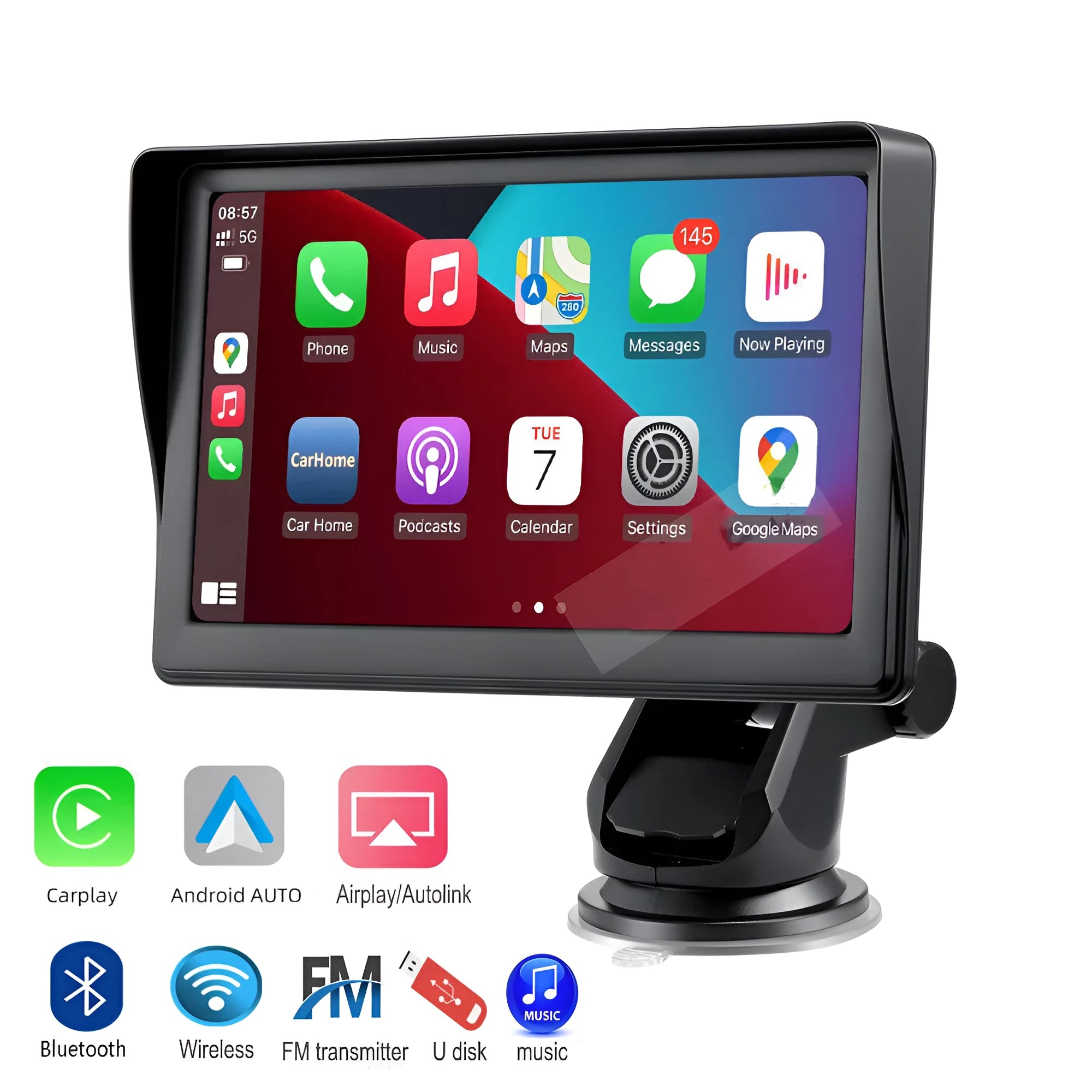 7-inch portable car smart screen display with retractable bracket mounted on windshield