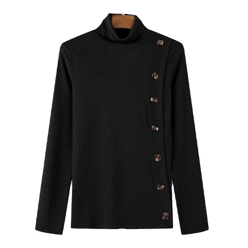Men's casual slim fit turtleneck sweater with front buttons in black, side view
