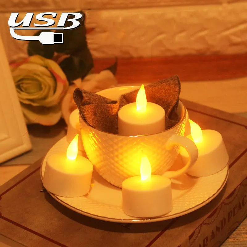 White plastic USB rechargeable LED candle lamp with flickering flame effect on wooden table